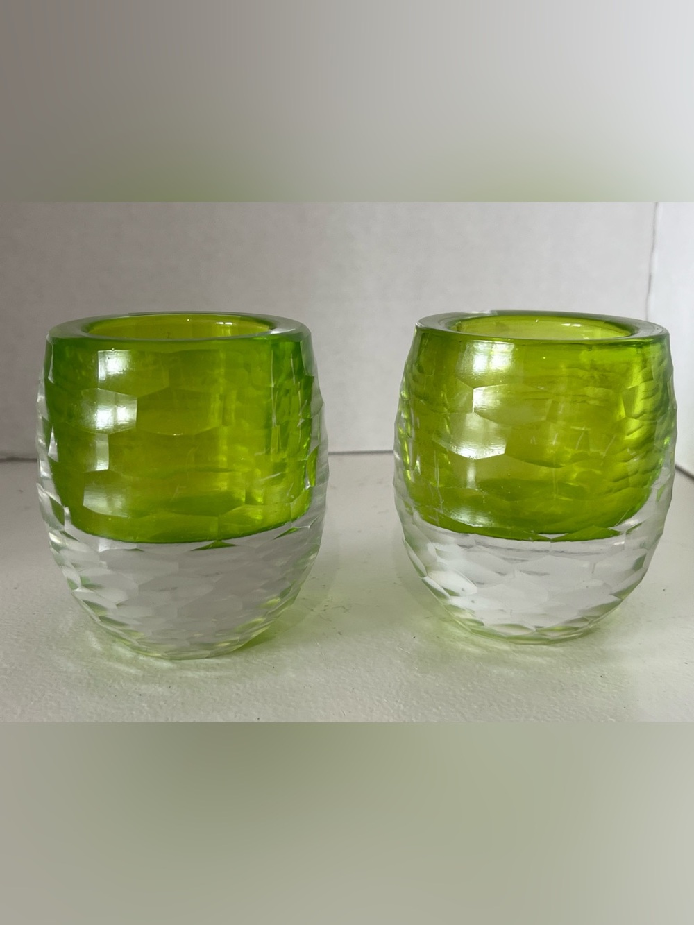Vintage Faceted Green & clear heavy  Glass Votive Holder Set -